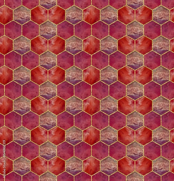 Fototapeta Hexagon tracery seamless texture. Honeycomb. Mosaic, inlay. Stained glass style. Art Deco. Seamless hexagon pattern. For wallpaper, tile, ceramic, linoleum, linens, textile. Jasper tile pattern.