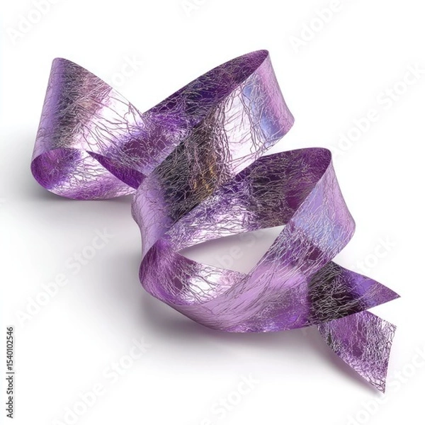 Obraz A curled, shimmering lavender ribbon with a textured, almost cracked surface, softly casts a shadow on a stark white background