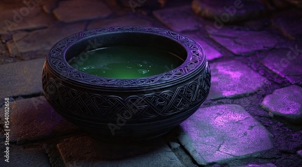Obraz Ornate dark cauldron filled with glowing green liquid sits on a cobblestone surface under purple and orange lighting