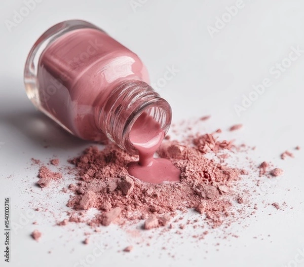 Obraz Spilled dusty rose nail polish flows from a tilted bottle onto a pile of crumbled makeup