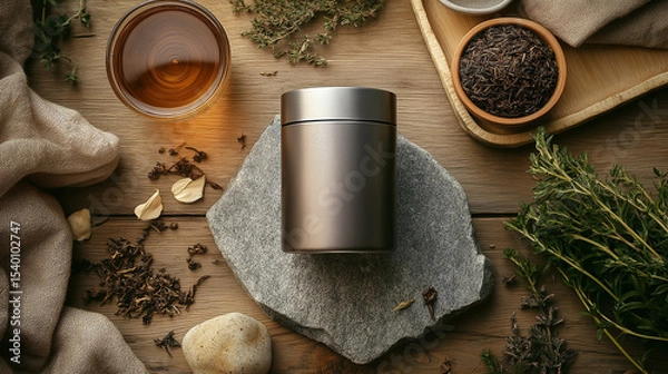 Obraz Minimalist blank metal tea canister with a soft matte finish, placed on a stone slab or bamboo tray. Surrounded by loose leaf tea, fresh herbs, and organic fabrics for a natural, refined look.