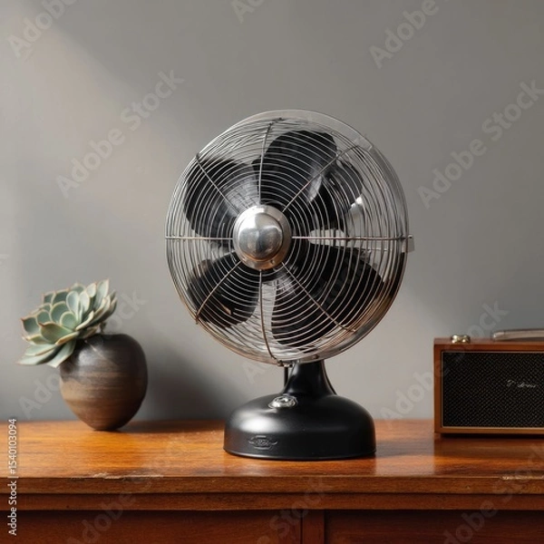 Obraz Vintage-style desk fan with chrome blades and black base, sits on a wood surface beside a succulent and a small wooden box