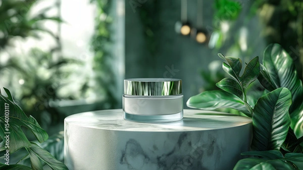 Obraz Empty cosmetic cream jar mockup displayed on a circular slab of organic stone, like Himalayan salt or Italian Carrara marble. Luxurious, clean, and ideal for premium skincare branding.