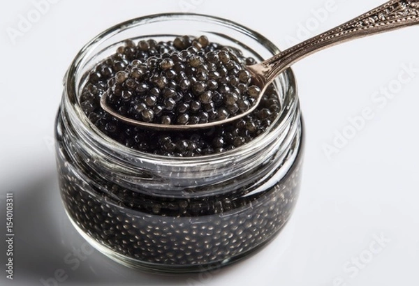 Obraz A small glass jar brimming with dark, glistening caviar; a tarnished silver spoon rests inside, laden with the delicacy
