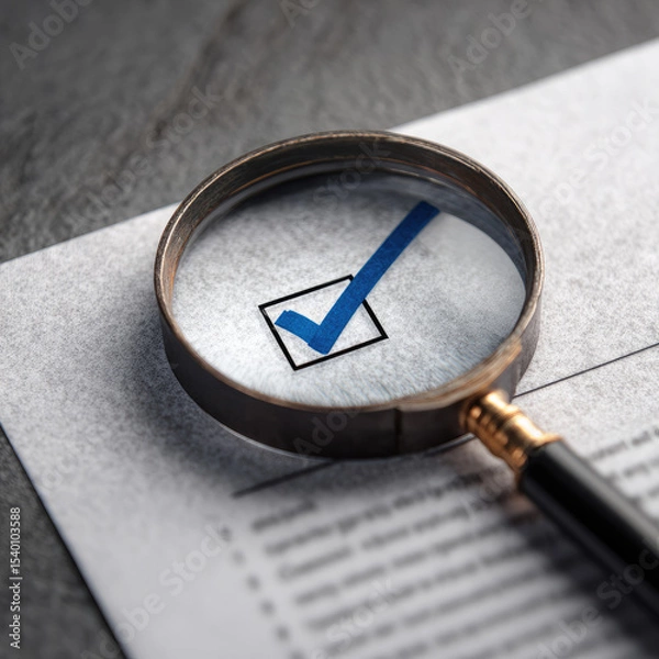 Fototapeta magnifying glass and check mark icon,show check the authenticity of the document,concept of rules of conduct rules and policies company regulations Terms and Conditions