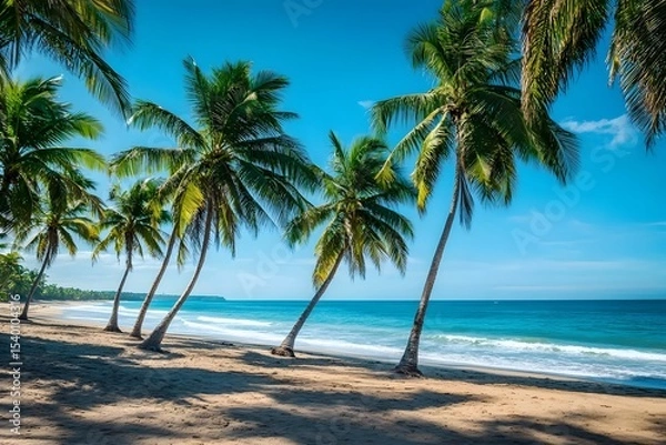 Fototapeta Coconut trees swaying in summer breeze on tropical beach