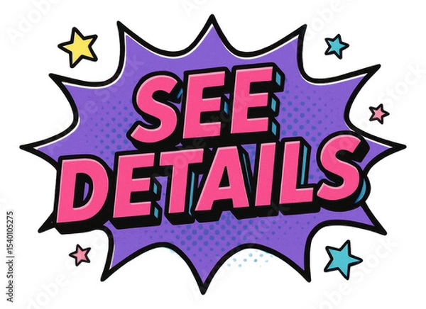 Obraz Purple burst sticker with SEE DETAILS text in bold comic style, dynamic retail promo offer on transparent background.