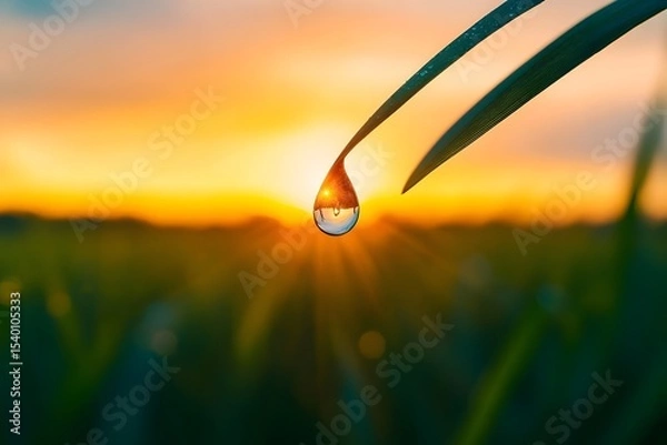 Fototapeta Dew drop hanging from a thin blade of grass at sunrise