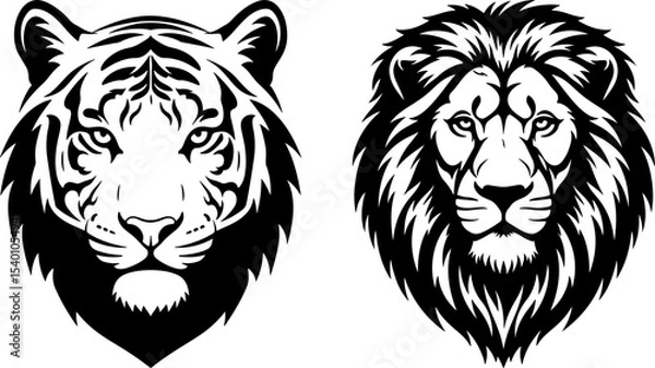 Obraz Lion and Tiger Head_Silhouette Vector.eps
