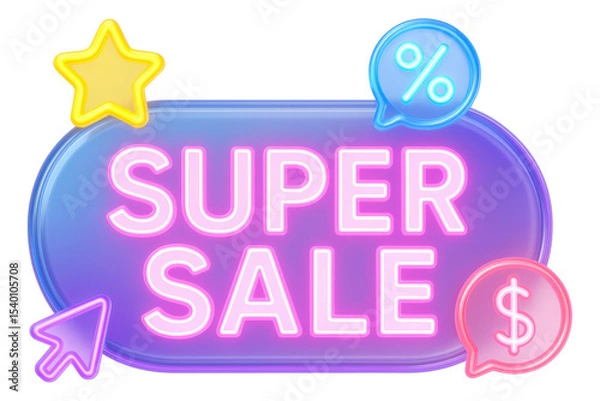 Obraz Neon bubble sticker with "SUPER SALE" in bright lettering, vibrant retail promotion offer on transparent background.