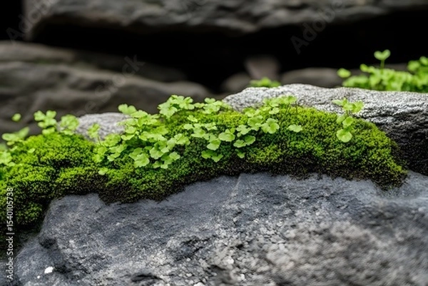 Fototapeta Close-up of green moss growing on a grey stone surface