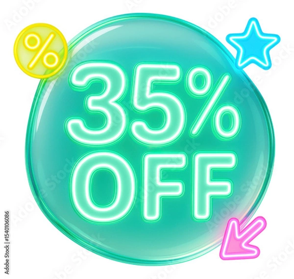 Obraz Green bubble sticker with 35% OFF in neon design, vibrant discount promo offer on transparent background.