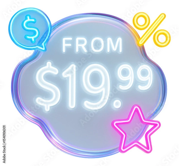 Obraz Glossy bubble sticker with "FROM $19.99" in neon style features vibrant retail discount promo on transparent background.
