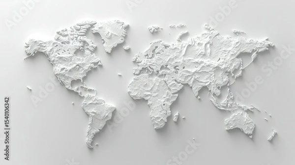 Fototapeta 3D relief world map, light gray on white