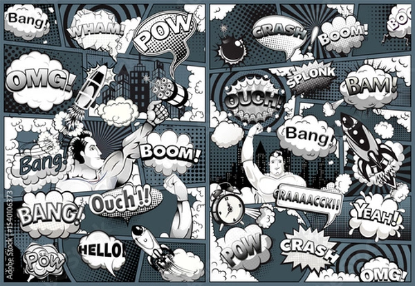 Fototapeta Retro comic book action scene vector.Vintage pop art style illustration with superheroes, rockets, explosions, and dramatic sound effects like pow, boom, and omg.

