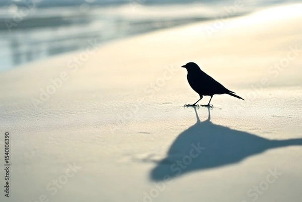 Fototapeta Bird's shadow cast on empty sand beach in minimalist composition