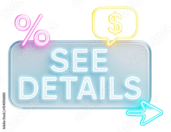 Obraz Glossy blue rectangular sticker with SEE DETAILS in neon style, vibrant promo offer on transparent background.