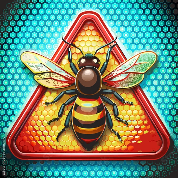 Fototapeta Stylized bee illustration with caution symbol on honeycomb background  