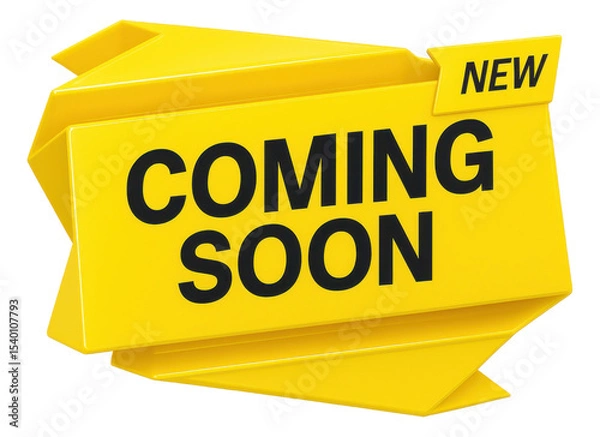 Obraz Yellow origami banner with "COMING SOON" promo and "NEW" tag, bold retail offer announcement on transparent background.