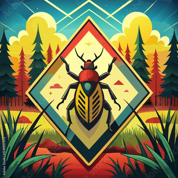 Fototapeta Colorful beetle illustration set against vibrant forest landscape,   Beware of the abscess beetle-Icon