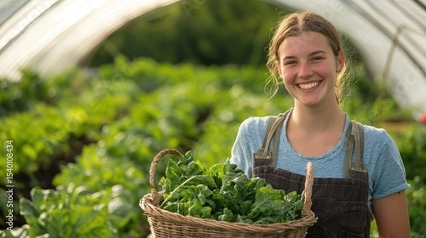 Fototapeta A smiling woman holding a basket of fresh greens in a greenhouse setting.