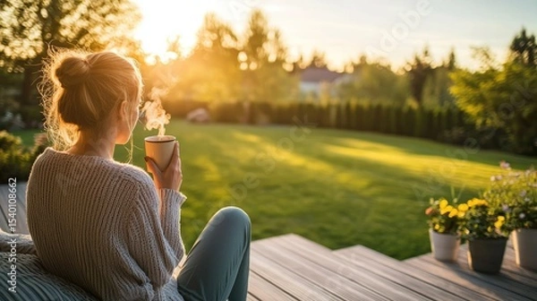 Fototapeta A woman enjoys a warm drink on a sunny patio, surrounded by greenery and flowers.