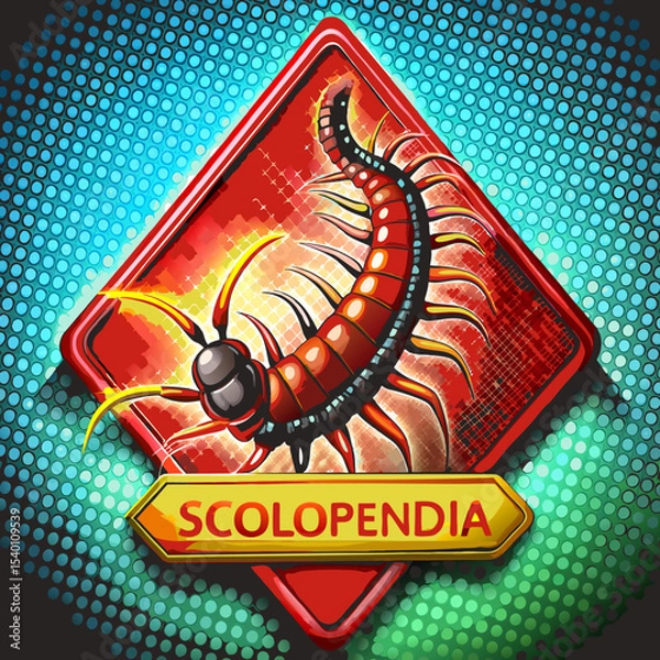 Fototapeta Colorful graphic illustration of a beetle in a triangular warning sign  