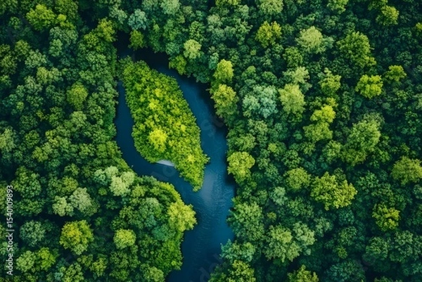 Fototapeta Aerial view of winding river through dense forest