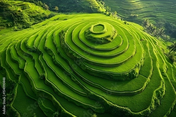 Fototapeta Aerial view of circular rice fields in a lush green valley