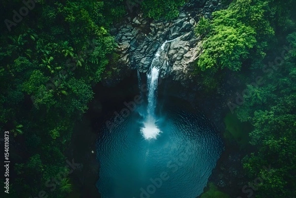 Fototapeta Waterfall cascading into hidden jungle pool from aerial perspective