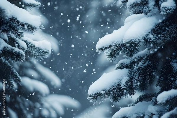 Fototapeta Heavy snow falling on pine trees in a serene winter landscape