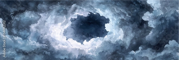Obraz Vector illustration of dramatic blue cloudscape, watercolor painting, banner with dark and light contrast