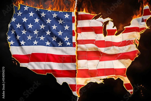 Fototapeta AI Generated Flag of America in the shape of the country, Burned and Devided