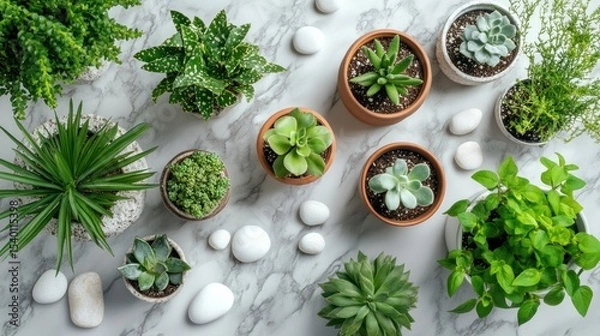 Fototapeta Top view of various succulent and houseplants in small pots arranged on a marble surface with decorative stones.