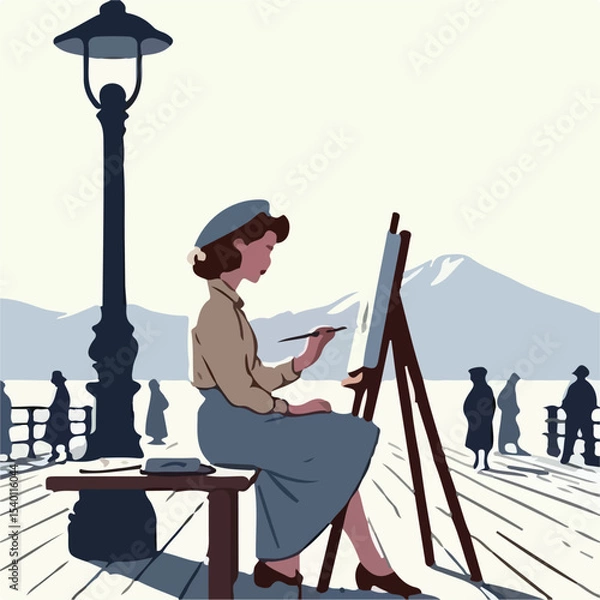 Fototapeta image of a woman painting on a pier with a simple and minimalist flat design using a white background