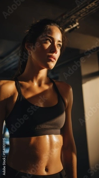 Obraz A woman is standing in a gym with a black tank top on