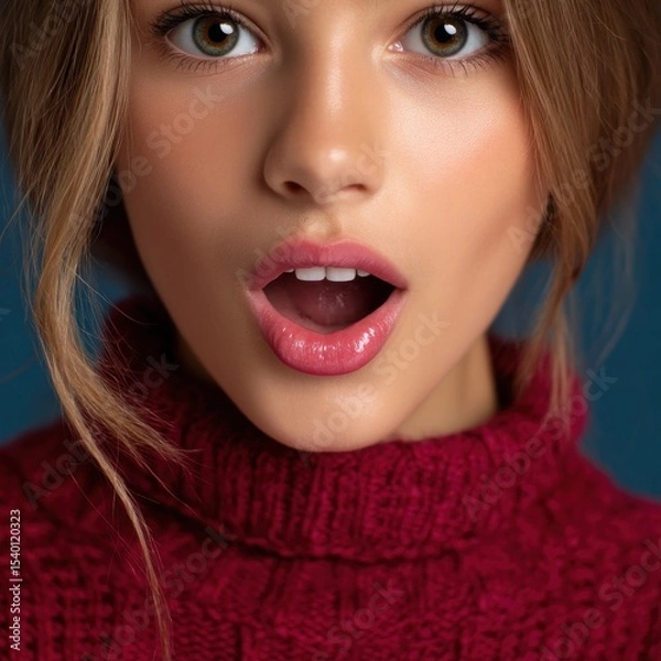 Obraz A girl with a red sweater and a pink lip color