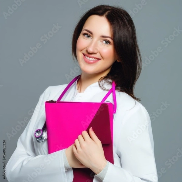 Obraz A woman wearing a white lab coat and holding a pink folder