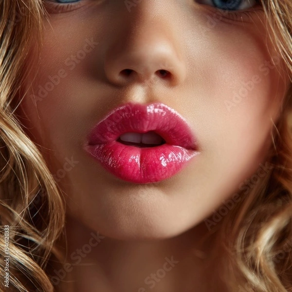Obraz A girl with a red sweater and a pink lip color