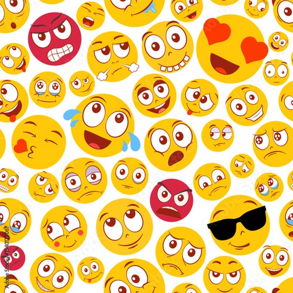Fototapeta Colorful smiley face pattern with various expressions vector illustration. Playful and vibrant background showing a wide range of emotions, from love and joy to anger and sadness.

