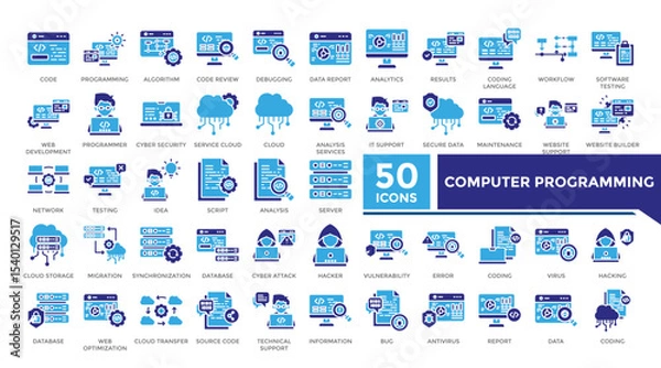 Obraz Computer programming icon solid two color set collection. This set includes algorithm, cyber security, database, coding, hacker and more icons in solid style. Vector icons collection for infographics