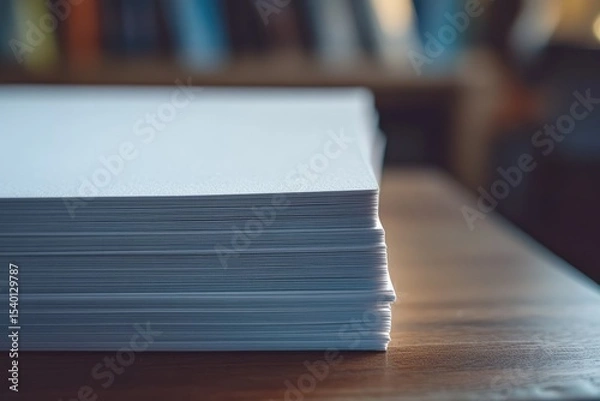 Fototapeta Stack of blank white paper on a wooden table.  Blurred bookshelves in the background