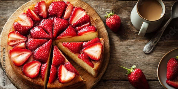 Fototapeta Fresh strawberry cake ,  sweet dessert bakery food decorated with berries and coffee cup on rustic background table