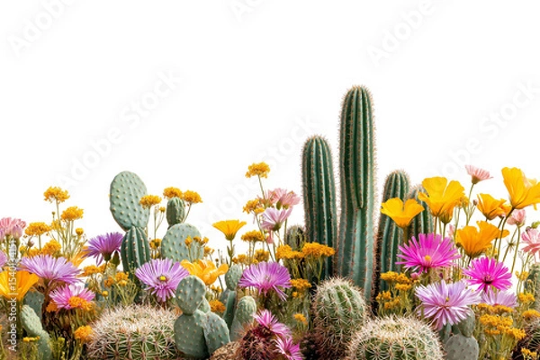 Obraz  vibrant display of blooming cacti with colorful flowers isolated on white background