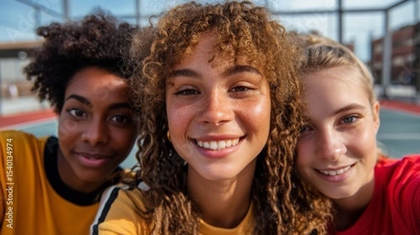 Fototapeta This image features three individuals posing together for a selfie.