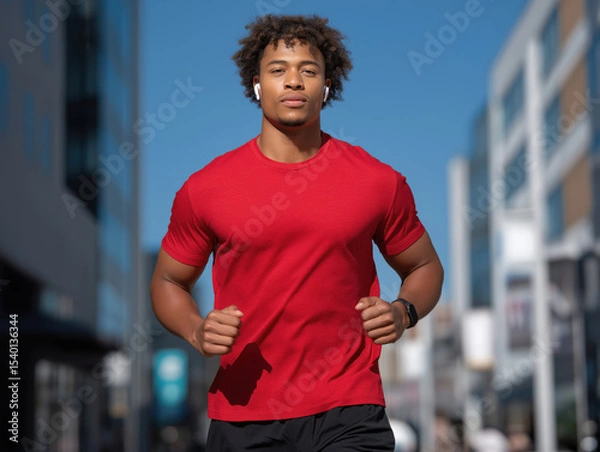 Obraz Young athletic man in a red t-shirt is jogging on a sunny urban street, showcasing fitness and determination while enjoying an active lifestyle in a vibrant city environment
