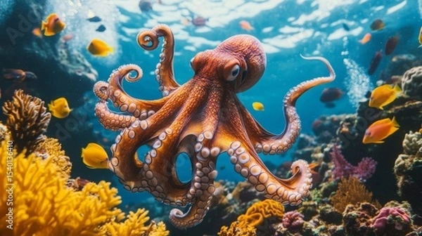 Obraz A large octopus swims past a vibrant coral reef, viewed from the bottom, with its tentacles extending through the water as it glides over the reef, surrounded by colorful fish and coral