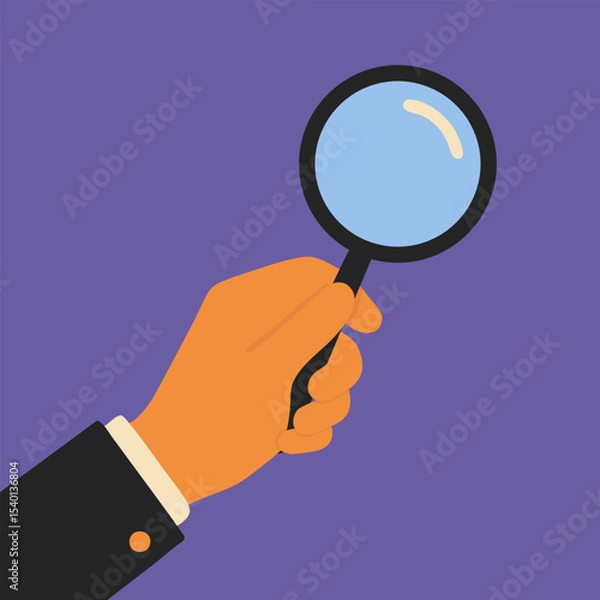 Obraz Cartoon hand holding magnifying glass on purple background. Flat style vector illustration related to themes of discovery, investigation, analysis or search