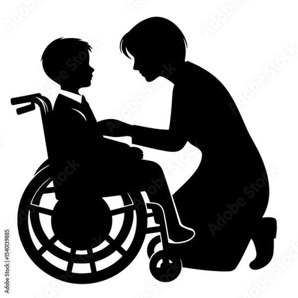 Obraz Female Teacher Helping Boy in Wheelchair Silhouette Representing Inclusion and Support in Education