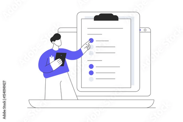 Fototapeta Feedback and survey. Man character give positive feedback, show quality rating and filing survey form. Customer satisfaction concept. Flat Cartoon Vector Illustration, icon. Stylish abstract design 